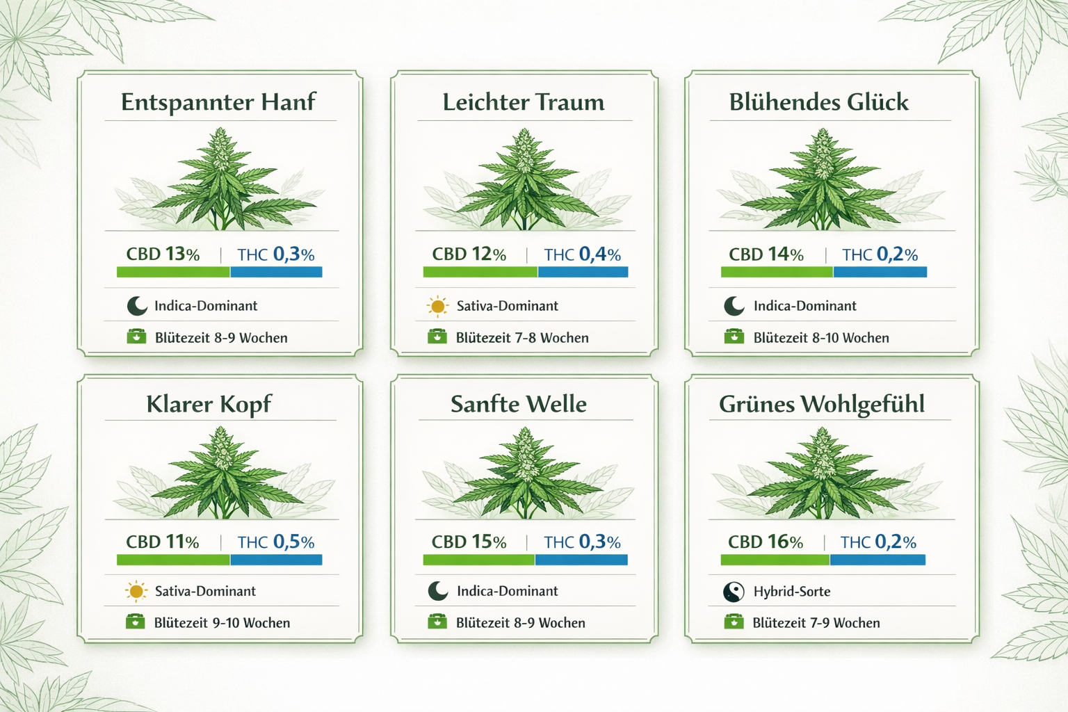Detailed () infographic-style illustration showing six distinct CBD cannabis strain cards arranged in a clean grid layout,