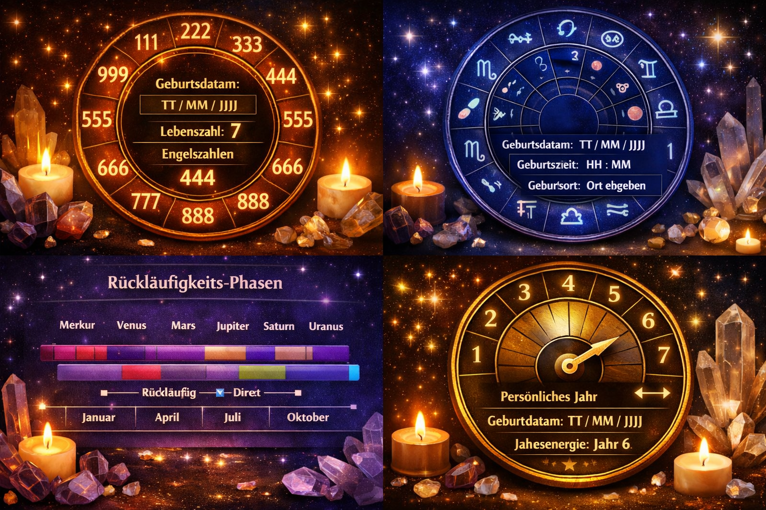 () editorial illustration showing a diverse collection of spiritual calculator interfaces arranged in a visually harmonious